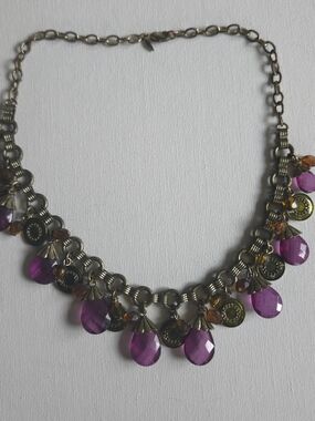 Vintage Signed Avon Purple Glass Teardrop Bib Necklace Antique Brass Coin Charms